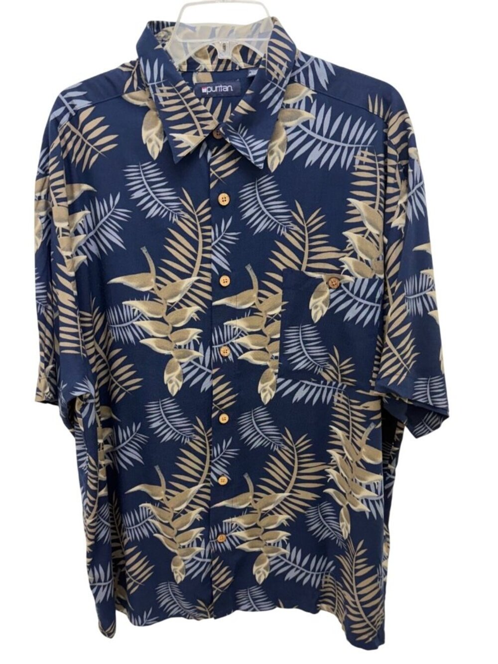Puritan XL Tropical Leaf Shirt Navy Tan Rayon Casual Resort Style Made in Bangla